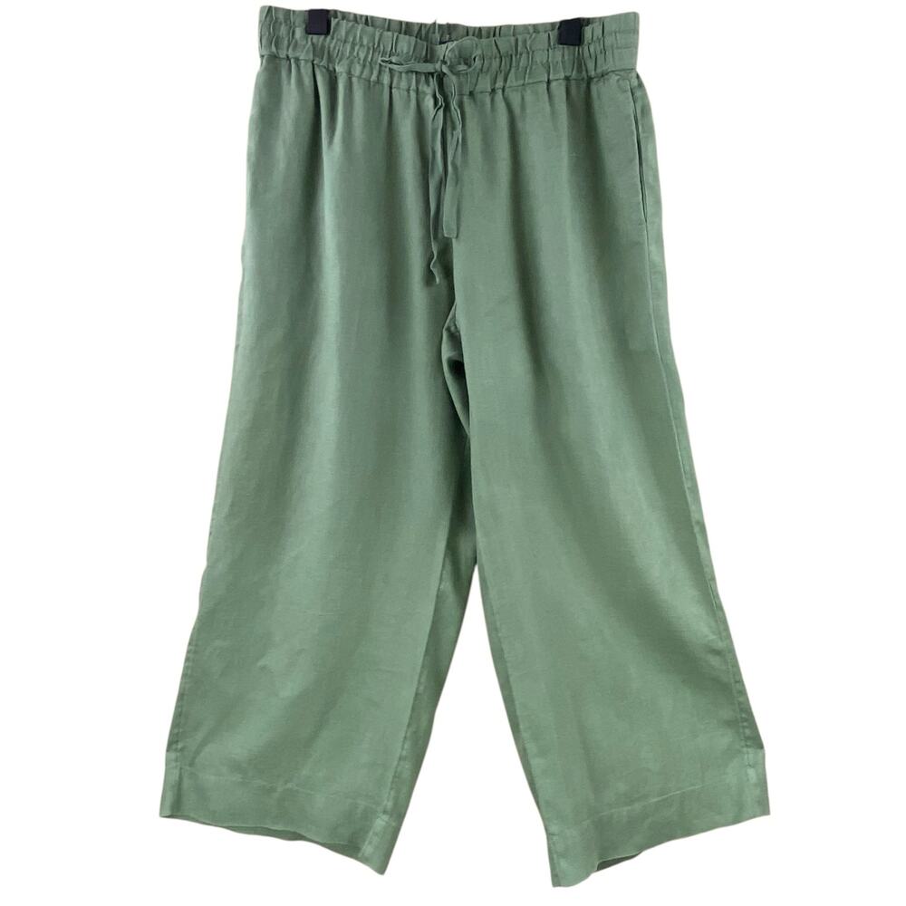 J. Crew 100% Linen Beach Pants Size M Green Wide Leg Cropped Pockets